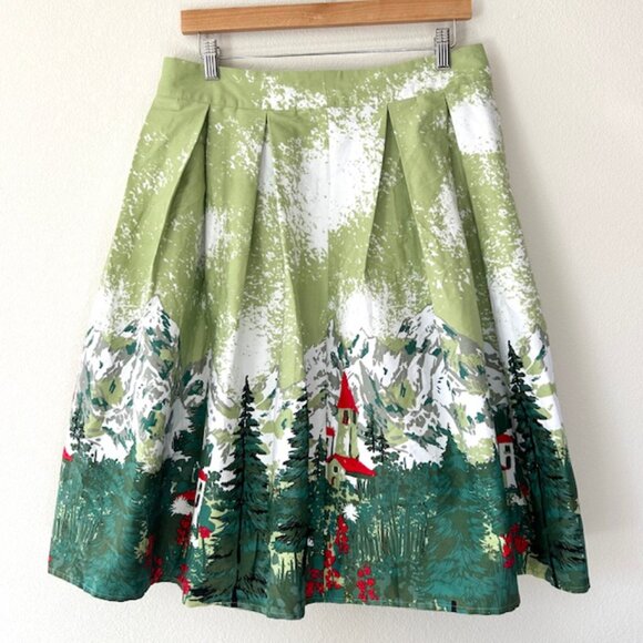 None Dresses & Skirts - Unique Storybook Snowy Mountain Winter Village Motif A-Line Skirt Cottage Size L